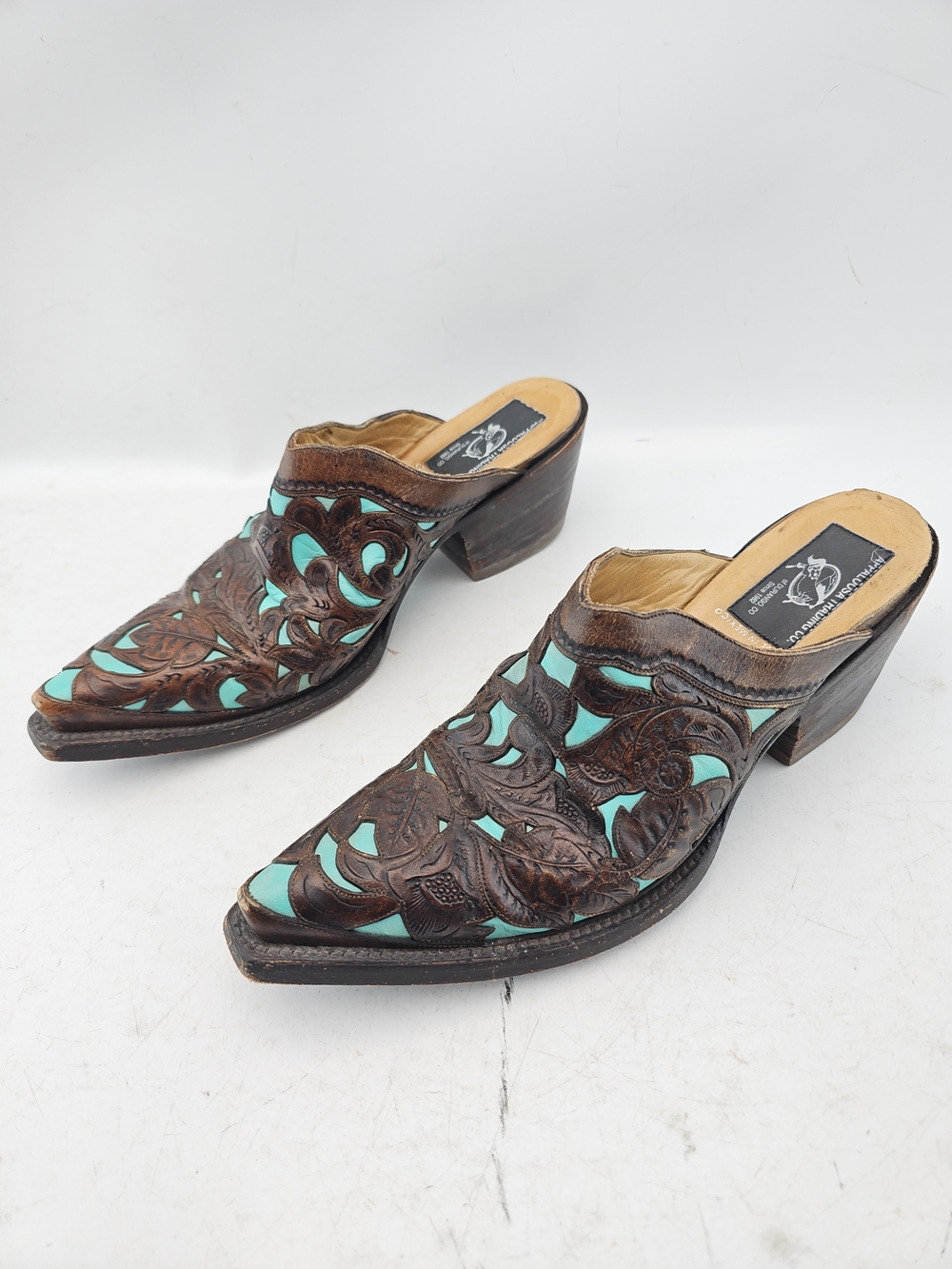 Old Gringo Brown Leather Wedge Mules with Turquoise Insets - Picture 2 of 8